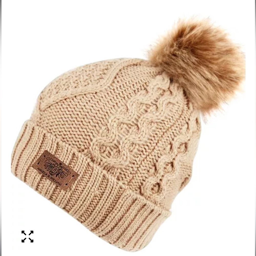4/$25••NEW Women's Angela & William Faux Fur Pom Chunky Knit Cuffed Beanie Tan